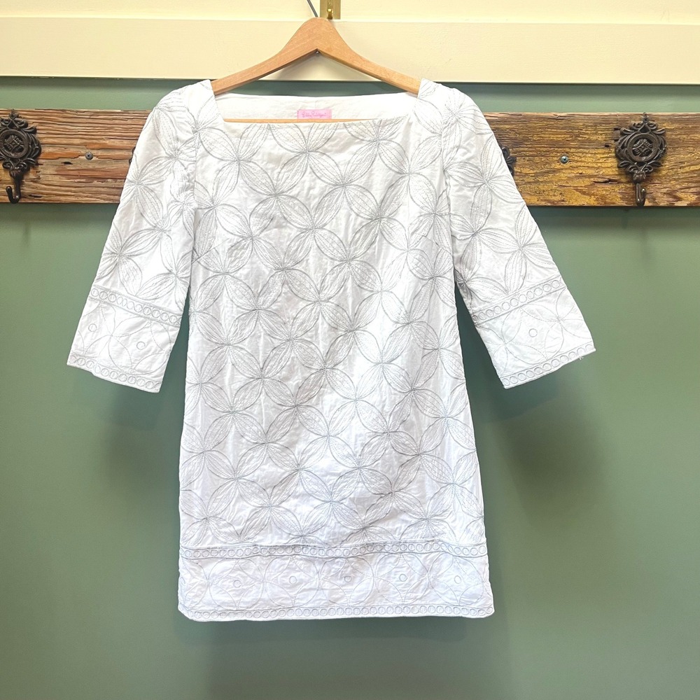 Lilly Pulitzer White Silver Metallic Floral Embroidered Shift Dress 3/4 Sleeve 2